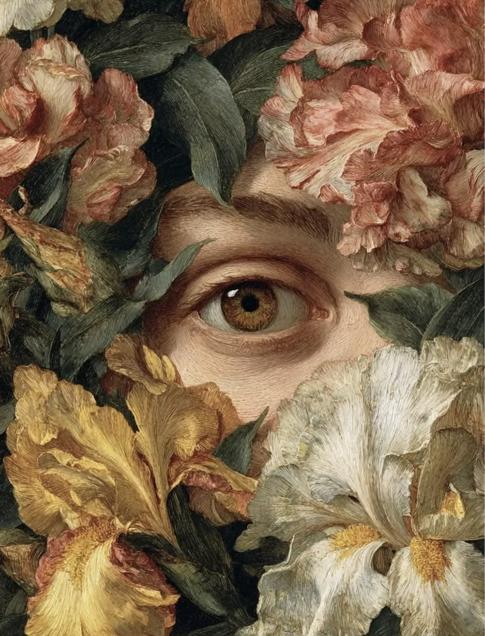 Painting of a human eye encircled by vivid flowers and petals