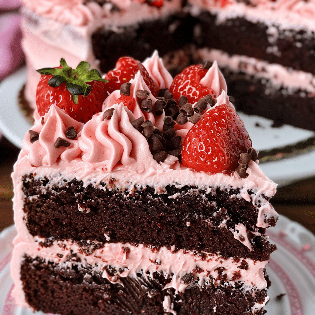 Slice of chocolate cake with pink frosting, topped with fresh strawberries and chocolate pieces