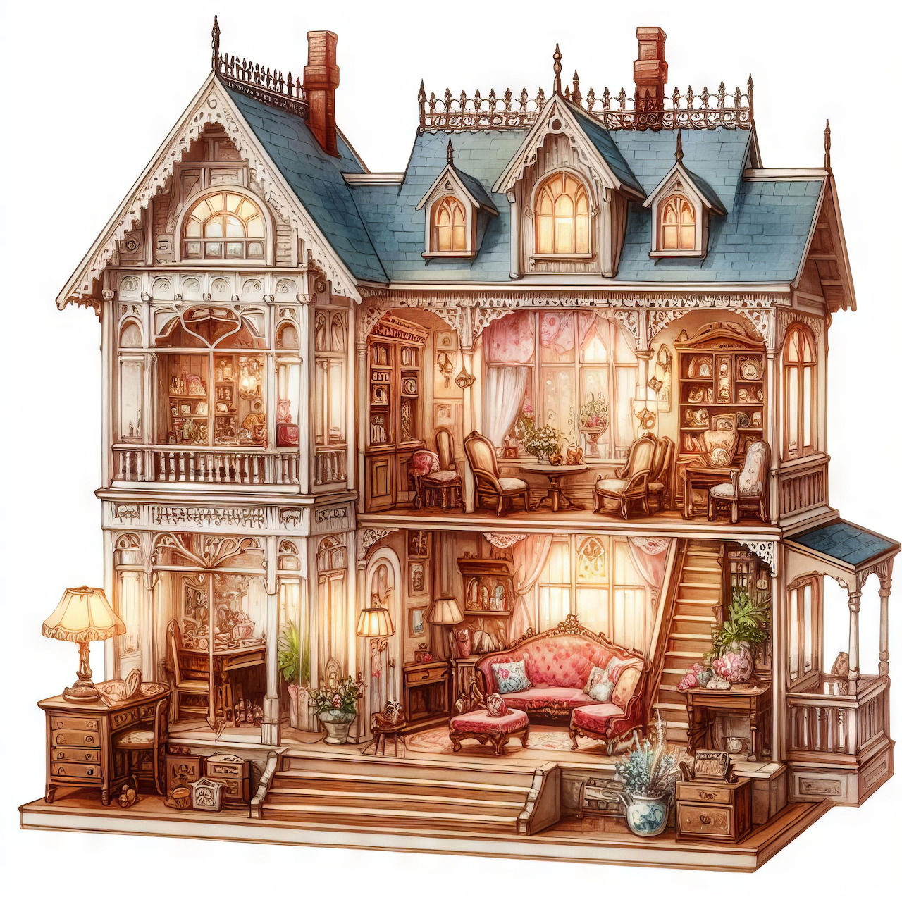Cross-section of Victorian dollhouse showing detailed miniature rooms with furniture and decorations