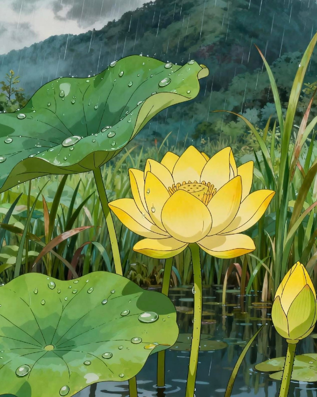 Yellow lotus flower with large green lily pads in a tranquil pond setting