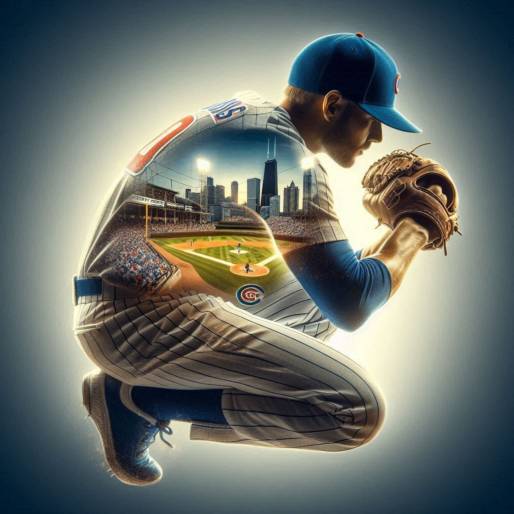 Cubs baseball player kneeling with glove showing Chicago skyline reflection in dramatic light