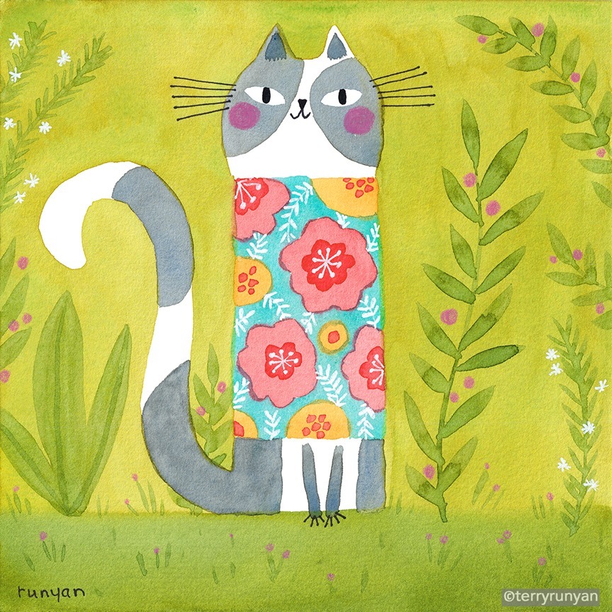 Stylized cat with gray stripes wearing bright floral sweater among green foliage on yellow background