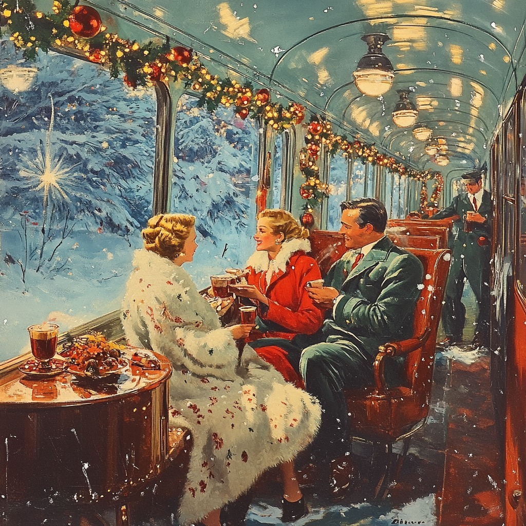 Couple in formal attire with white dog inside decorated Christmas train viewing snowy landscape