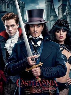 Three gothic characters in dark costumes standing before a castle in a fantasy-style poster