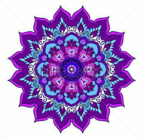 Symmetrical purple and blue mandala with ornate floral patterns and layered petals
