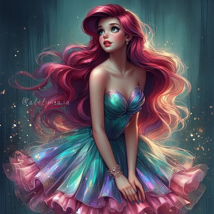 Ariel from Little Mermaid with long rainbow hair in turquoise dress with magical sparkles