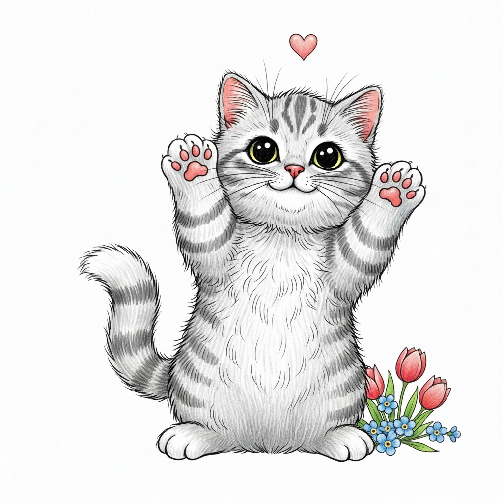 Gray tabby kitten illustration with paws raised, pink ears, heart above, and tulips beside