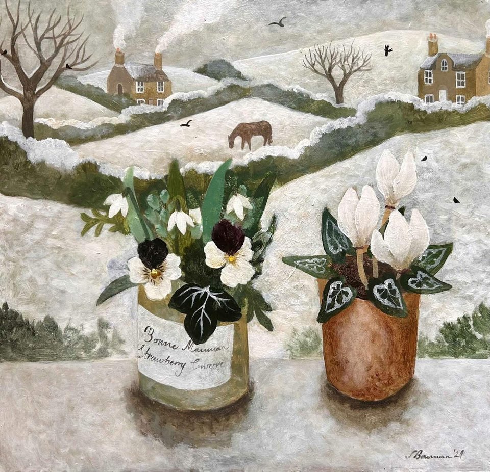 Watercolor painting of white snowdrop flowers in pots with winter village scene behind