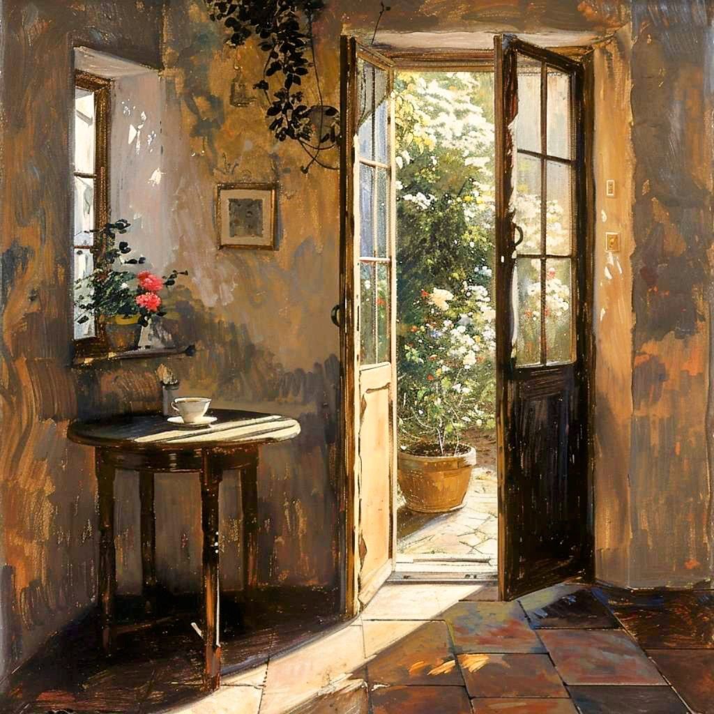Oil painting of sunlit room with open French doors, yellow walls, wooden table, and potted plants