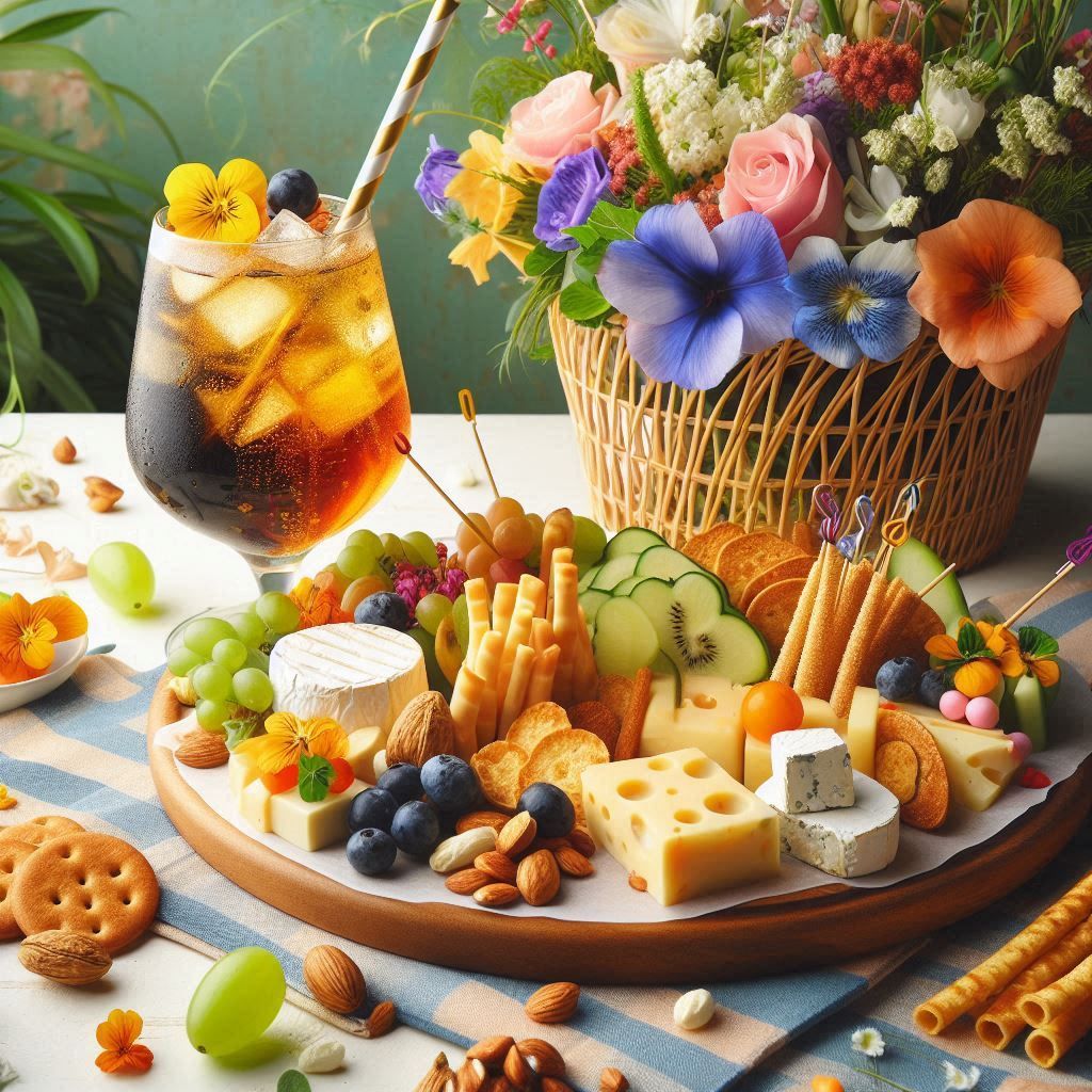 Cheese board with grapes, crackers, nuts, fruit, iced drink, and flowers on a table