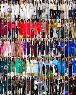 Grid collage of Princess Catherine's outfits sorted by color from white to green