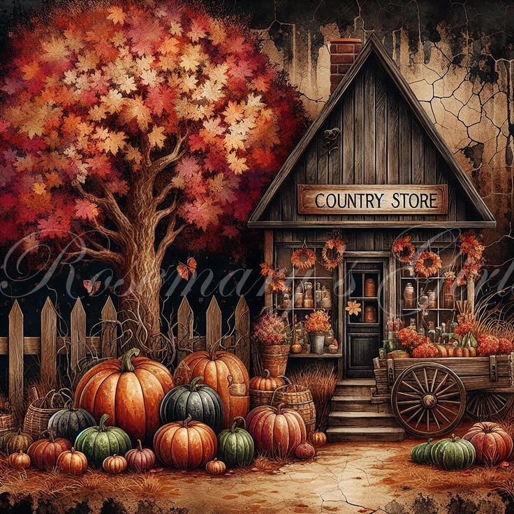 Country store with red fall foliage tree, pumpkins, and wooden wagon wheel in autumn scene