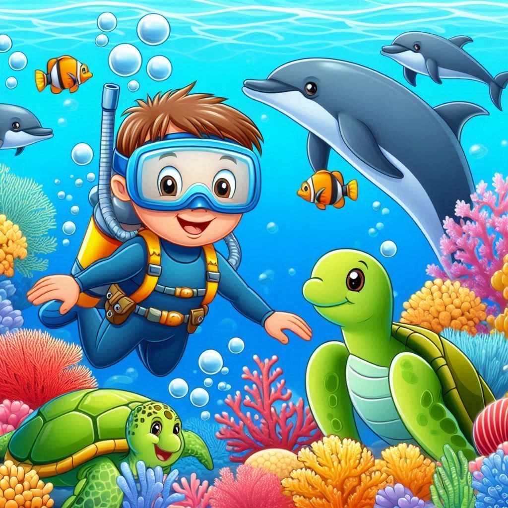 Cartoon child in snorkel gear swimming underwater with dolphins, turtles, tropical fish and coral