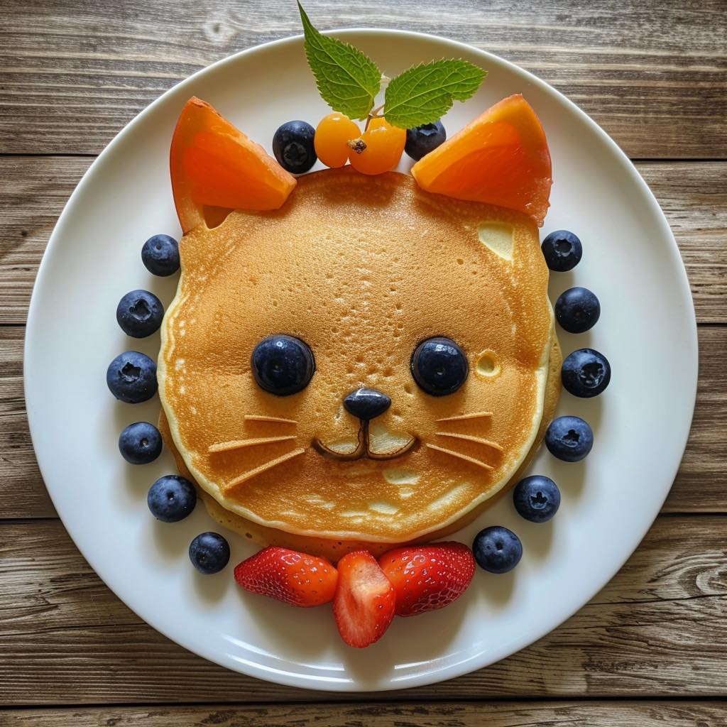 Cat-shaped pancake decorated with fresh berries and mint on a white plate
