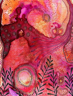 Abstract portrait of woman with flowing hair, circular patterns, and decorative botanical motifs in pink and orange hues