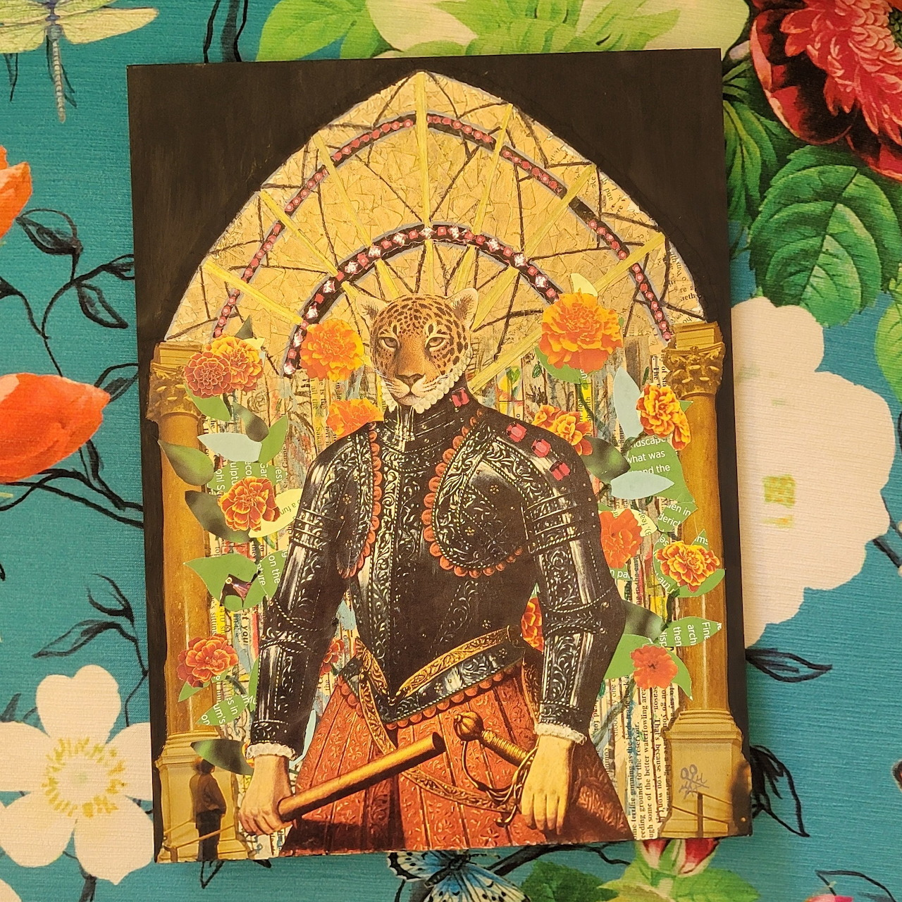 Layered collage art showing decorated figure with floral crown and geometric patterns on turquoise floral background