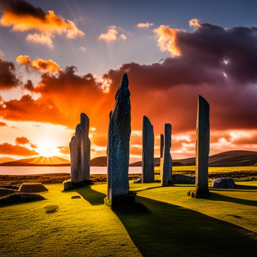 Tall standing stones at sunset with dramatic orange clouds and long shadows on grass