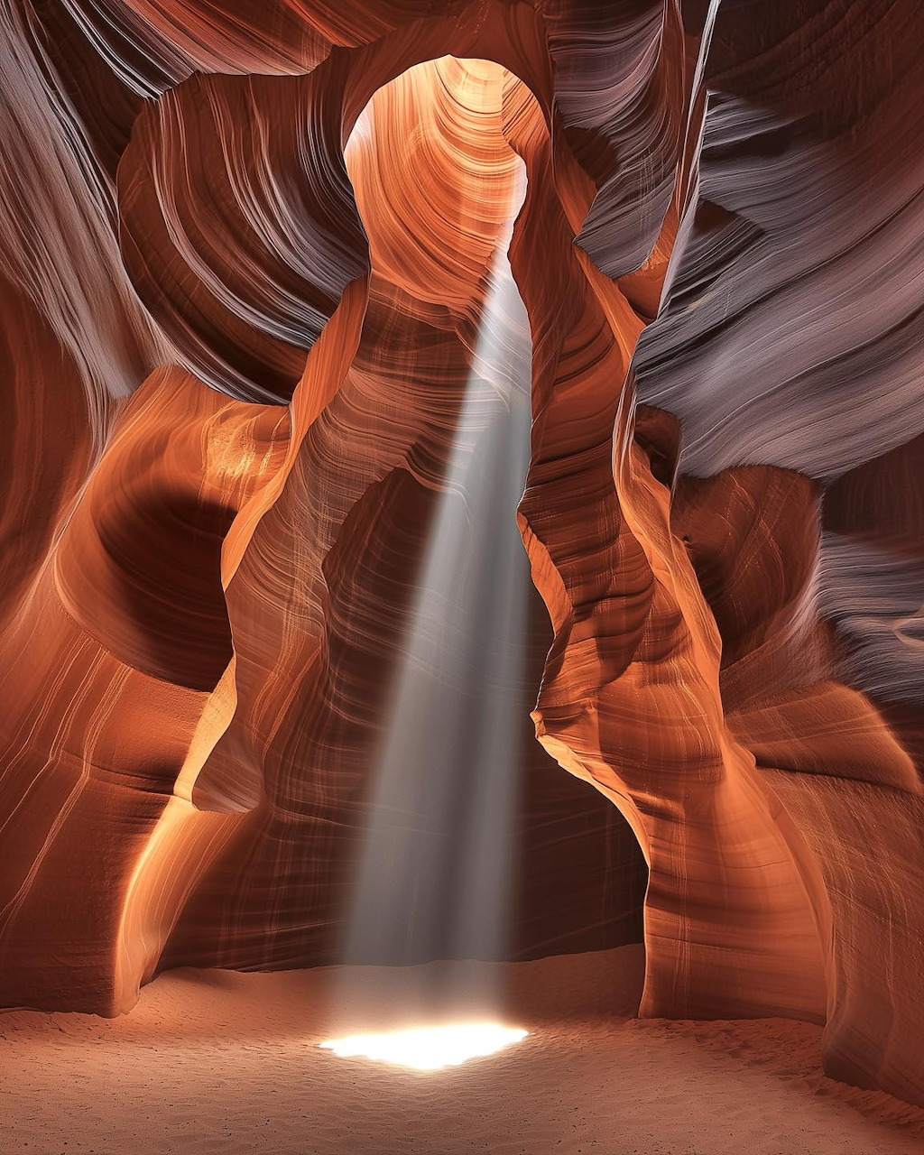 Sunlight beam shining through the narrow slot of Antelope Canyon with swirling sandstone walls