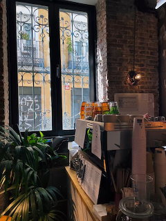 Cozy cafe interior with a tall window, brick wall, coffee counter, and green plants