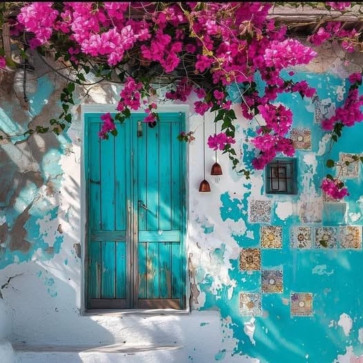 Turquoise wooden door on a white wall with pink bougainvillea and decorative tiles