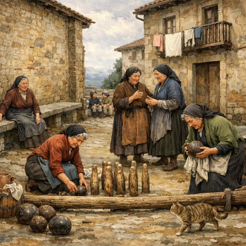 Painting of women in a rustic stone village street with pottery, laundry, and a cat