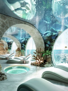 Futuristic white poolside with curved arches, turquoise pool, palm trees, and surreal sky with floating geometric shapes