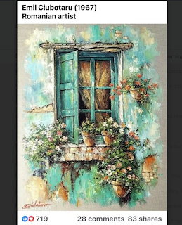 Painting of a green shutered window surrounded by colorful poted flowers on a textured wall