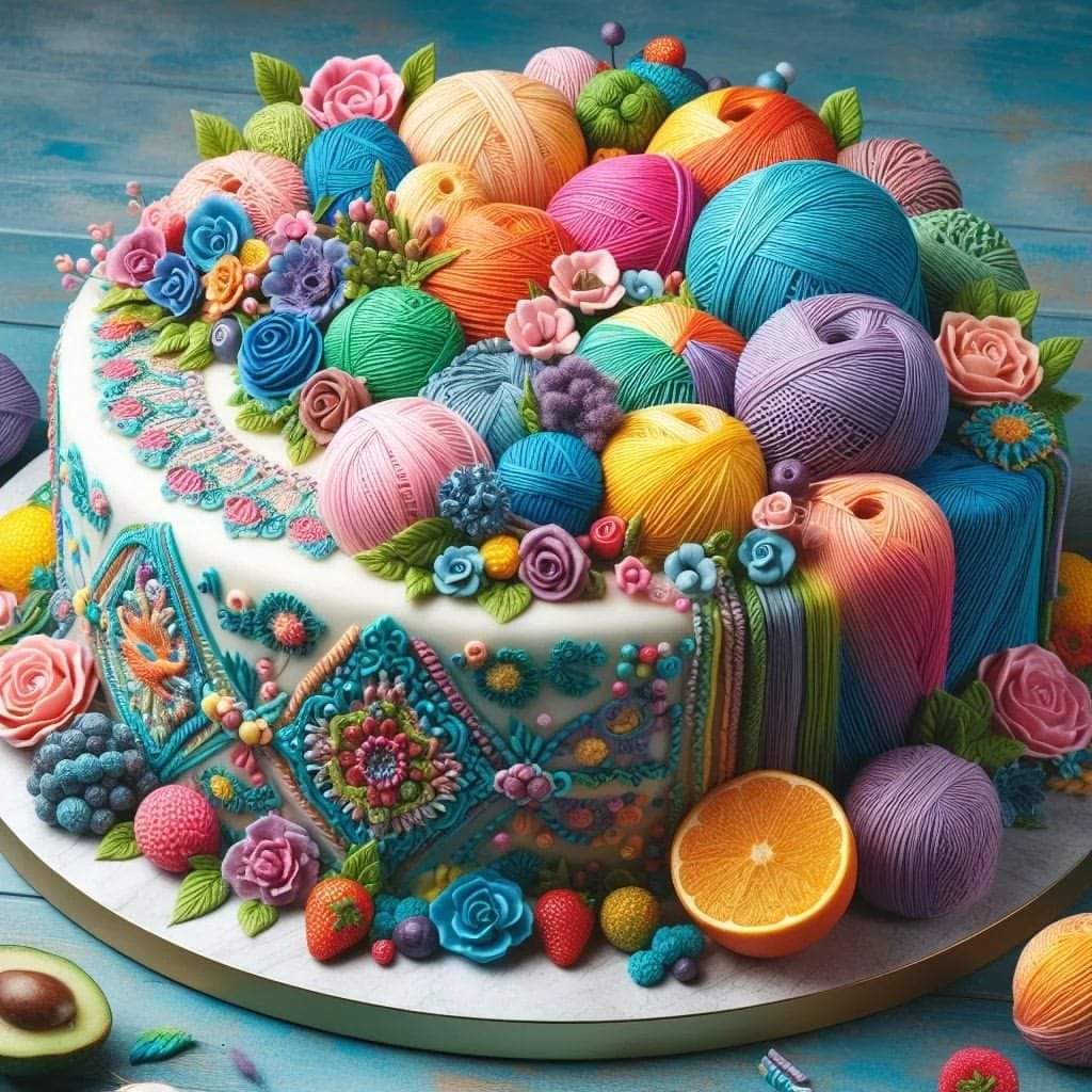 Multi-tiered cake decorated with colorful yarn balls, fabric flowers, beads, and fruit slices on turquoise background