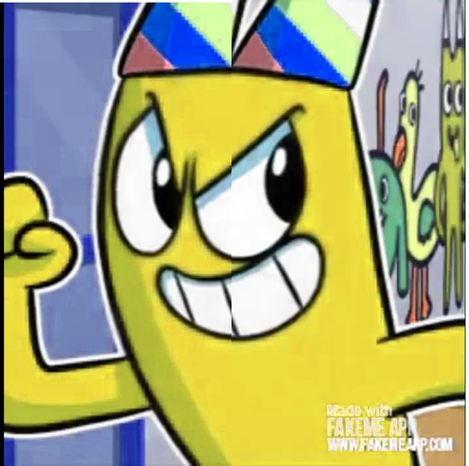 Yellow cartoon character with a toothy grin and colorful hat raising its arms