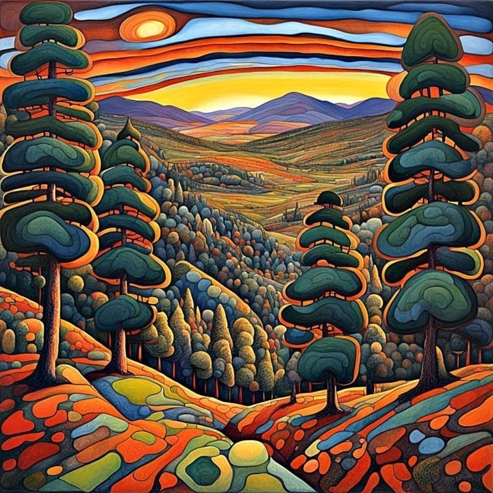 Digital painting of a colorful valley landscape with stylized trees and sunset sky in bold curves