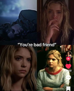 Collage of four scenes showing young blonde women with dramatic expressions and a quote overlay