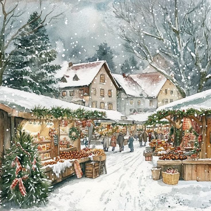 Watercolor winter market with snow-covered stalls and village houses