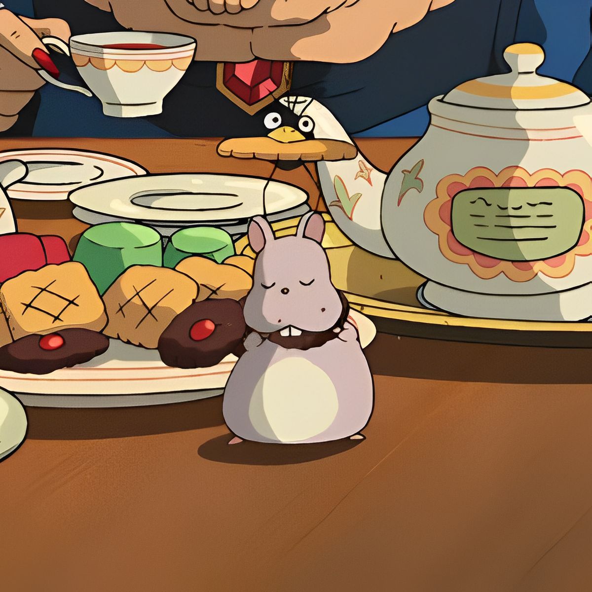 Small gray anime mouse figurine on a table with pastries and a teapot