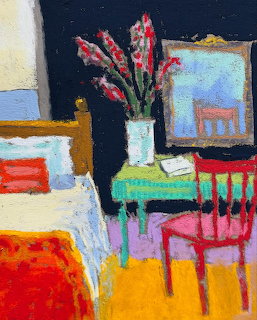 Colorful bedroom painting with a bed, green desk, red chair, flowers, and a mirror