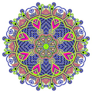 Colorful mandala with intricate lace patterns in pink, blue, green, and yellow forming a symmetrical circular design