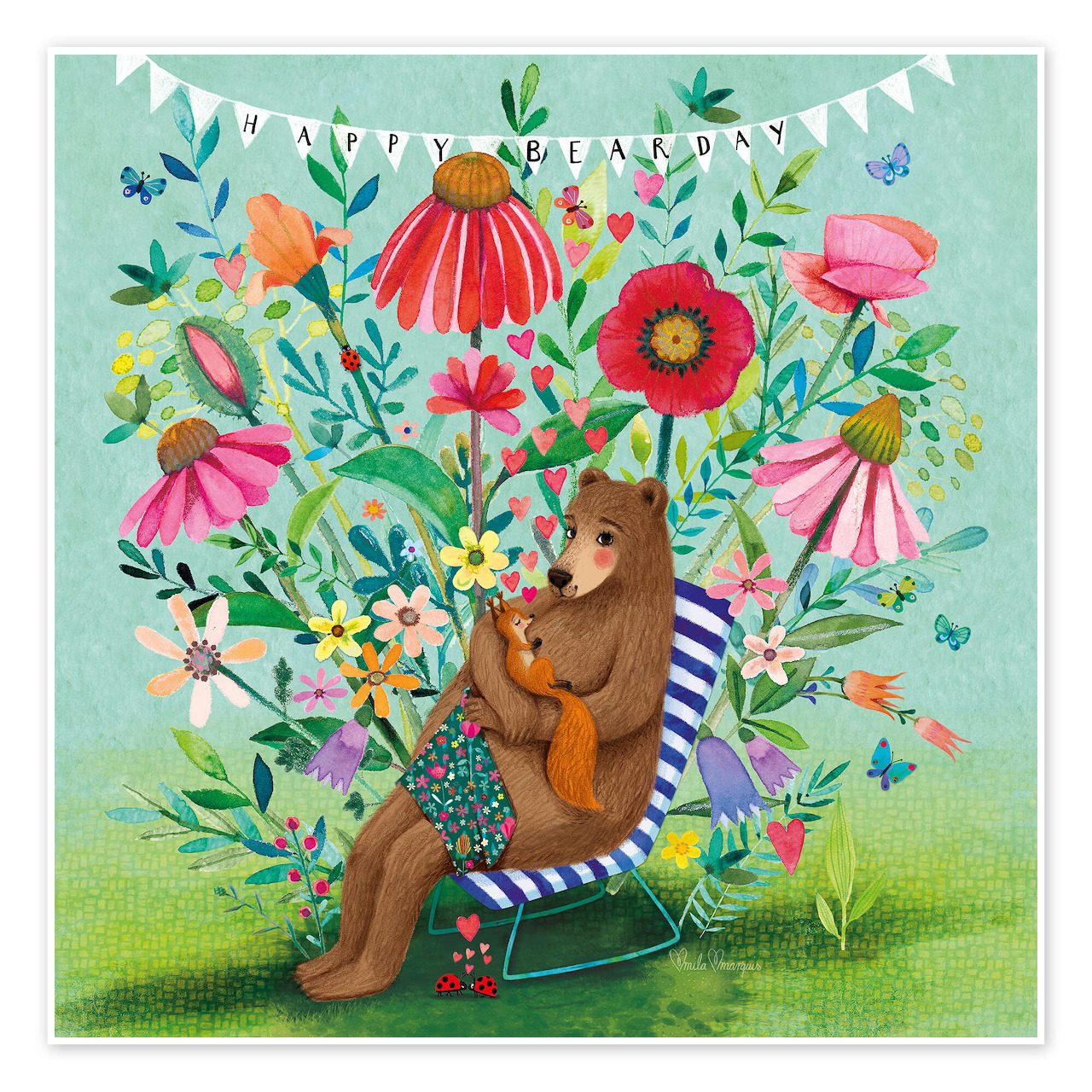 Bear and squirrel on striped chair with flowers