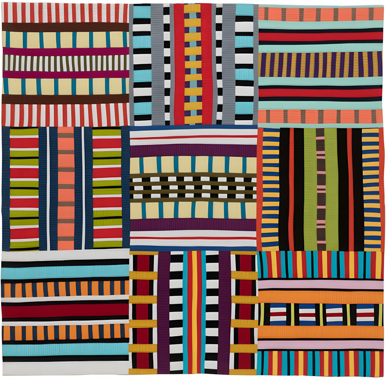 Abstract quilt with colorful striped rectangular blocks in geometric patchwork pattern