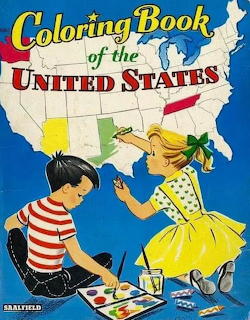 Vintage coloring book cover with children painting a US map