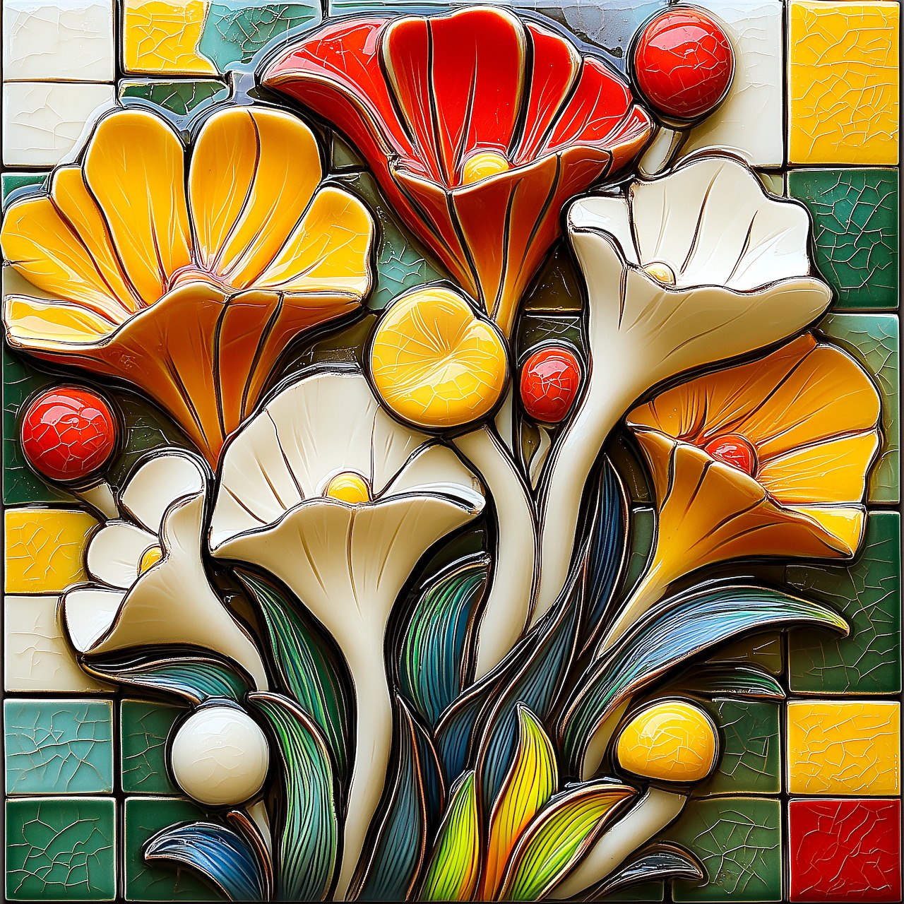 Abstract ceramic tile with stylized flowers in red, yellow, and white on colorful mosaic background