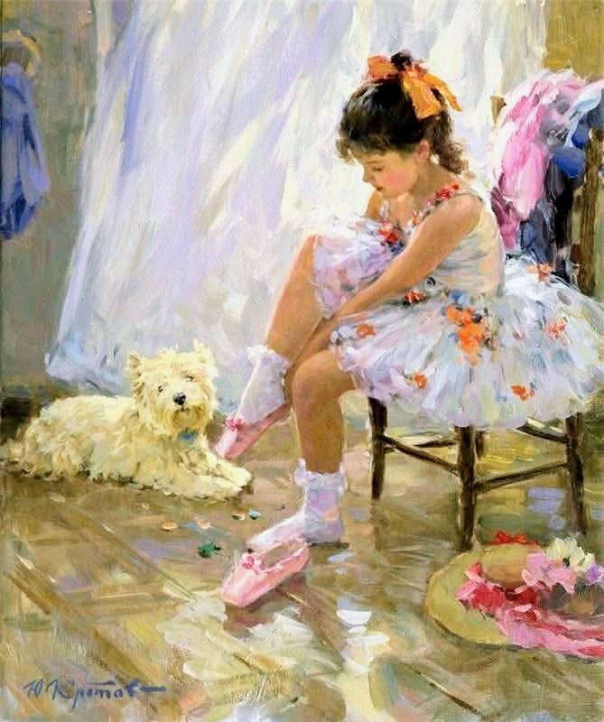 Impressionist painting of a young ballerina seated indoors with a small white dog beside her