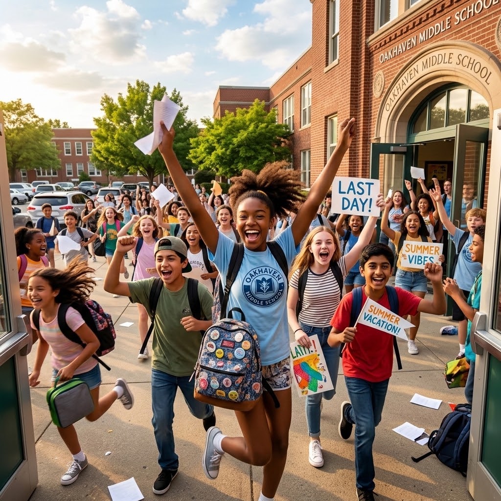 Joyful students running from school building celebrating last day with raised arms and backpacks