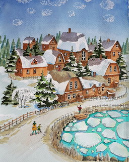 Folk art painting of winter village with wooden houses, snow-covered trees, and frozen pond