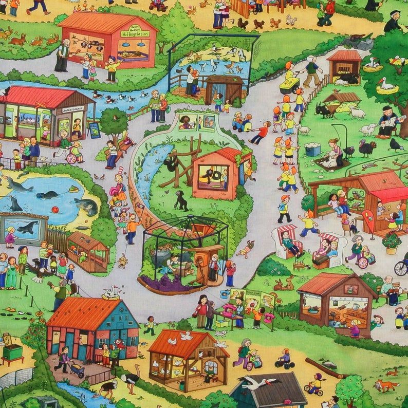Illustrated overhead map of a zoo showing animal exhibits, visitors, pathways, and facilities in bright colors