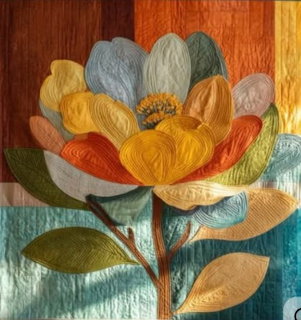 Quilted art piece showing a large stylized flower with colorful petals and leaves on a striped background