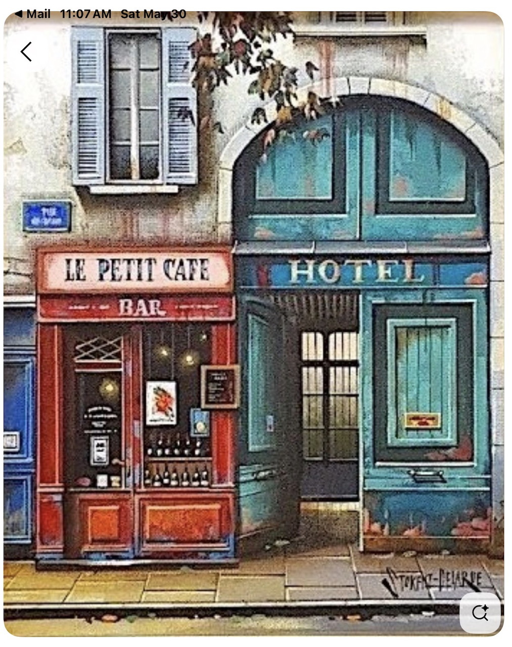 Painting of a Parisian street with Le Petit Cafe bar and a teal-doored hotel facade