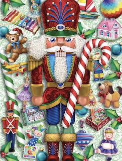 Nutcracker soldier with Christmas toys, candy canes, ornaments and teddy bears in festive holiday collage