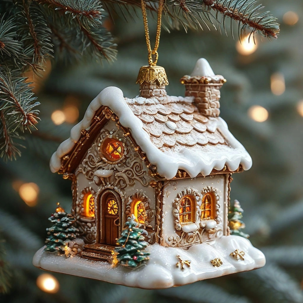 Snowy gingerbread house Christmas ornament hanging on a pine branch with warm glowing lights