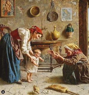 Oil painting showing woman holding toddler's hands while elderly man watches in vintage domestic interior