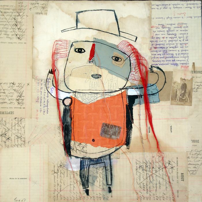 Abstract mixed media drawing of a childlike figure wearing a hat on textured paper