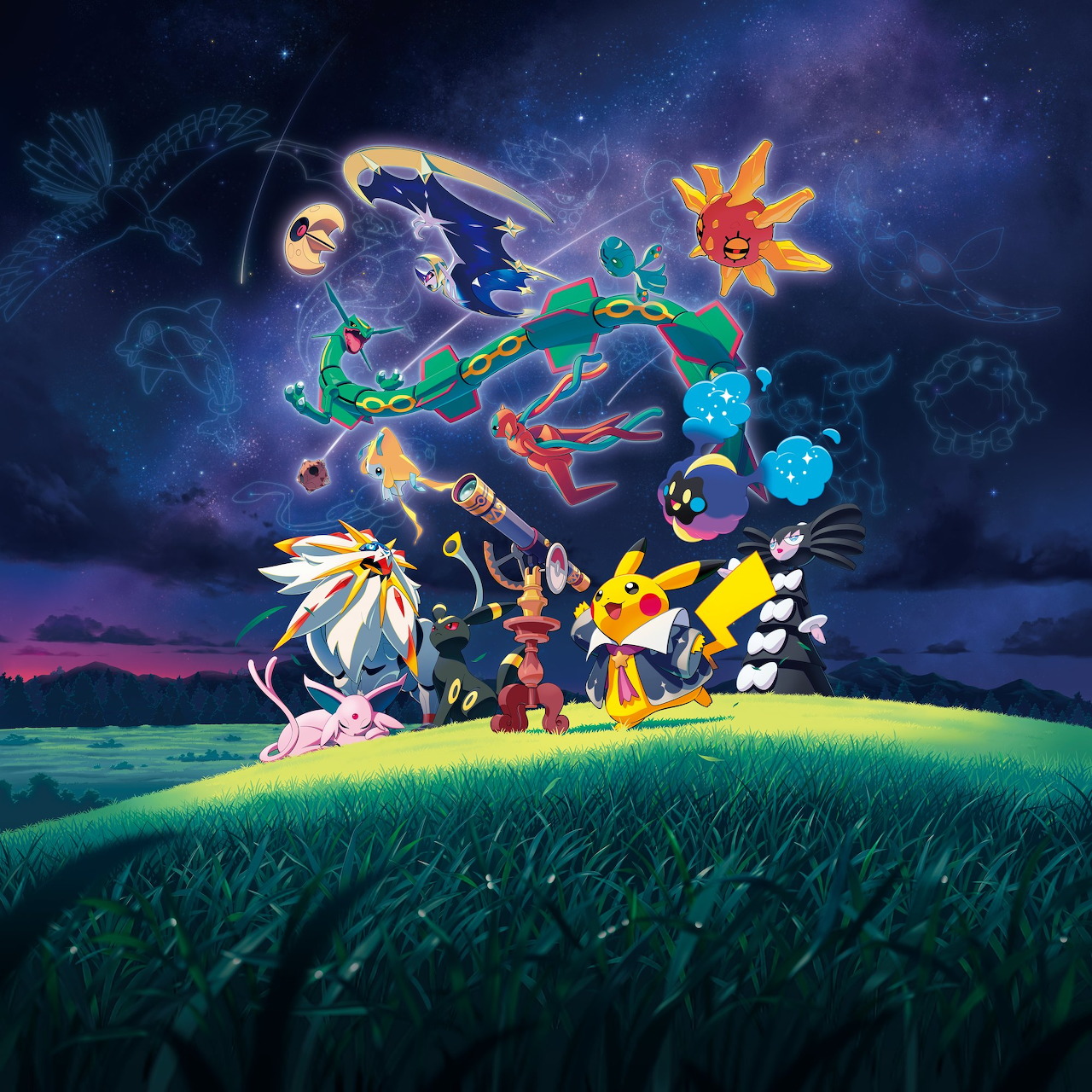 Group of Pokémon characters on a hill beneath a starry cosmic sky with colorful nebula
